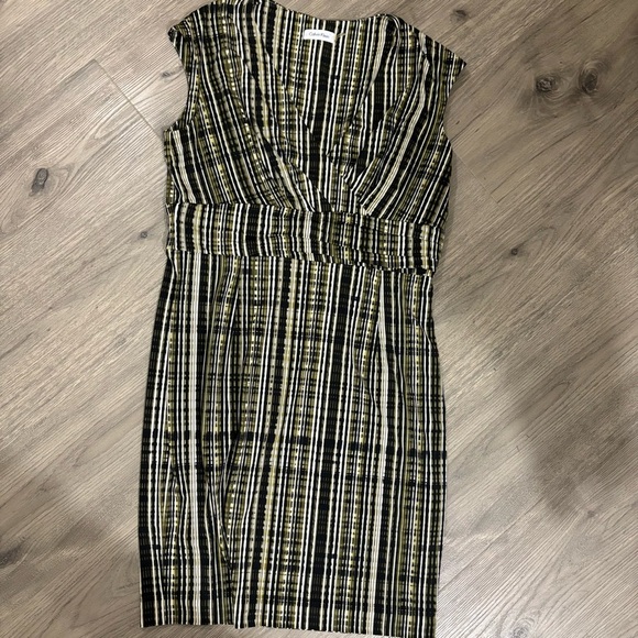 Calvin Klein Womens Dress Olive Green Brown White Stripe Print Size 12 Stretch - Picture 4 of 12